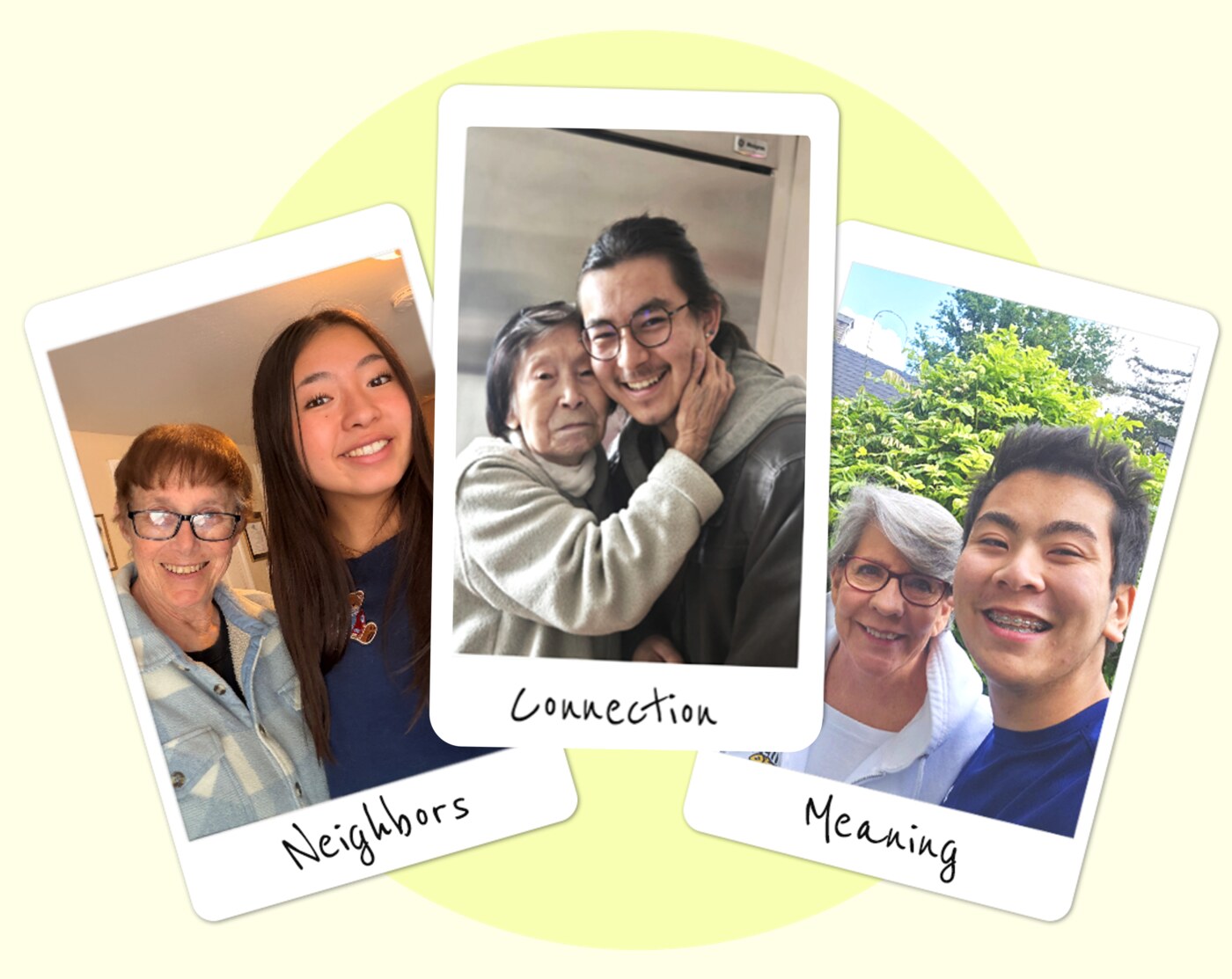 Polaroid photos of Weavers and Silvers together, labeled Neighbors, Connection, and Meaning